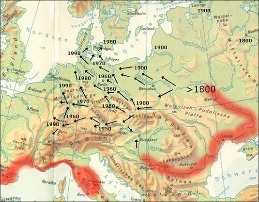 Ausbreitung in Mitteleuropa seit 1800
